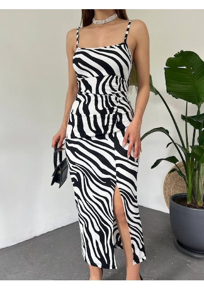 Hazego Kadın Zebra Baskılı Omuz Askılı Sırt Dekolteli Yırtmaç Detay Elbise Beyaz