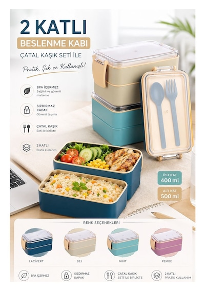 Leon Life 2 Katlı Fely Beslenme Kabı 400 Ml + 500 Ml Beslenme Kutusu pembe
