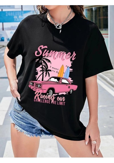 Flood Of Style Kadın Siyah Summer Racing Car Baskılı Oversize T-shirt