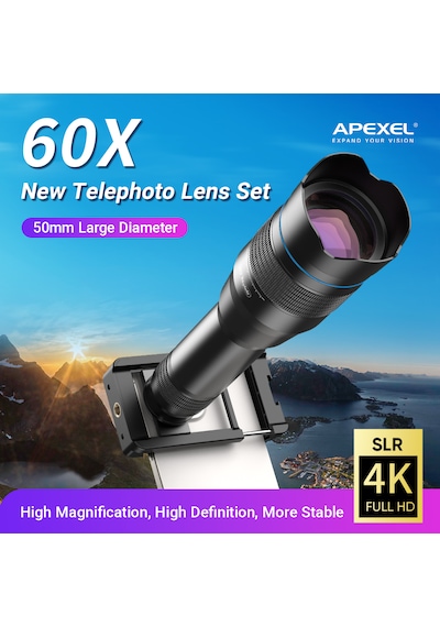 Apexel Klasik Mobil Süper 60x Akıllı Telefon Telefoto Lens Kiti Tanımlandığı Gibi