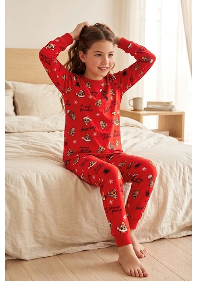 Zuzunga Kız Çocuk Yılbaşı Temalı Tiger Desenli Uzun Kollu Pijama Takımı Kırmızı