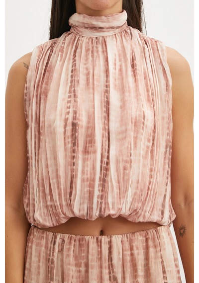 Uterpe Tie-dye Pliseli Crop Bluz Pembe