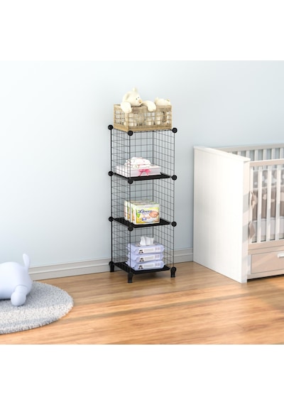 Dekoratif Tel Kafes Tasarımlı 3 Bölmeli Raf - Çok Amaçlı Tel Dolap Siyah