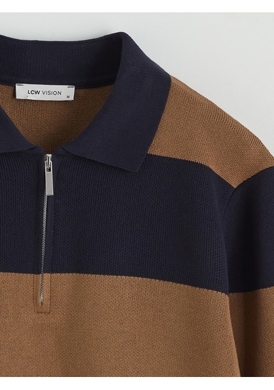 Lcw Vision Kahverengi Polo Yaka Çizgili Erkek Triko Kazak