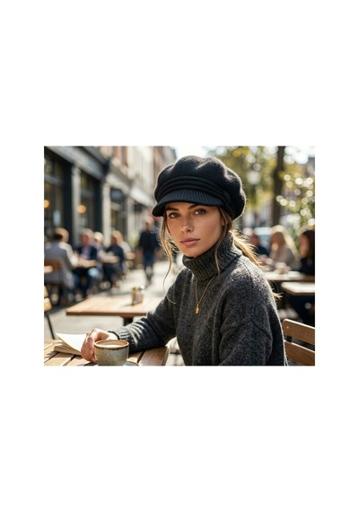 Emybox Orjinal % 100 Angora Yünlü Kadın Kasket Şapka İthal Örme Newsboy Baker Boy Kışlık Şık Bere Siyah
