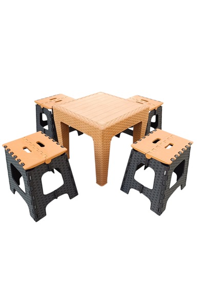 Evko Mobilya Kamp Seti, Piknik Seti, Masa Tabure Seti, Portatif Set, Plastik Katlanabilir Set, 4 + 1 Set Turuncu