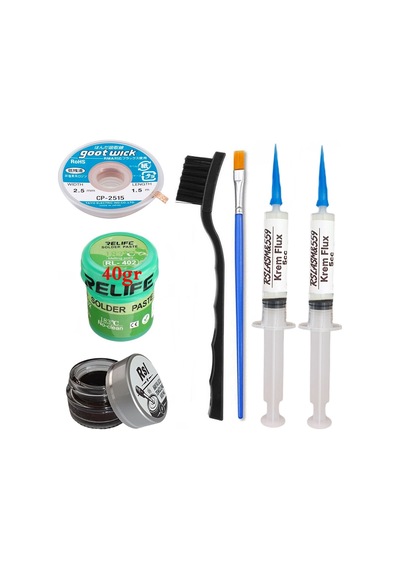 Relıfe Rl-402 Krem Lehim 183 C 40gr Havya Uç Temizleyici Flux Lehim Toplama Cp-2515 Emme Teli Fırça Seti10