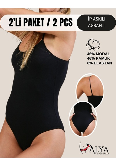 Alya Underwear Kadın Ip Askılı Çıtçıtlı Body, Modal - Pamuk Karışımlı, Kancalı , 2'li Paket, Siyah Beyaz
