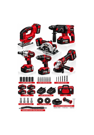 Dragro Drg-21v Premium K Kömürsüz 21v 6x4 6'li Set Kırıcı Delici Somun Sıkma Taşlama Makinesi Matkap Dekupaj Sunta Kesme
