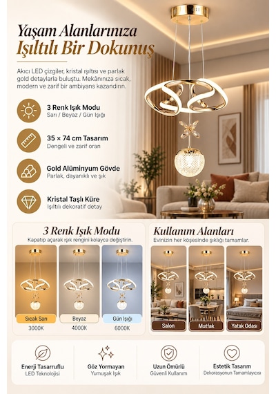 Ey-El Tasarım Tek Toplu Çiçek Modern Sarkıt Led Avize Taşlı Gold Kaplamalı Gold
