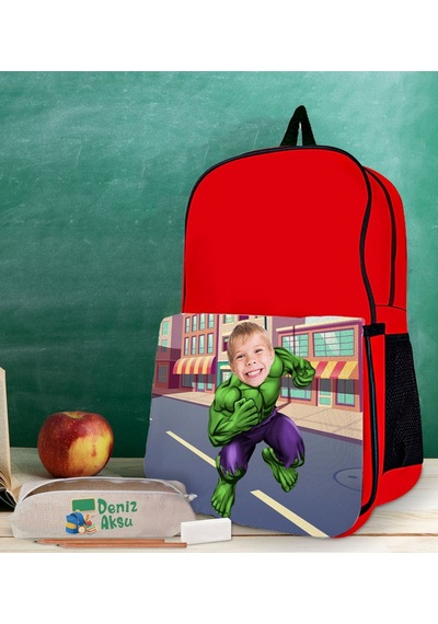 Bk Gift Kişiye Özel Süper Kahraman Tasarımlı Kırmızı Okul Çantası Ve Kalemlik Hediye Seti-2