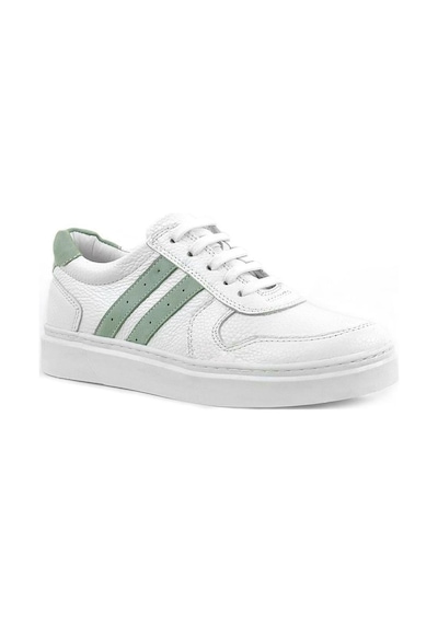 Rakerplus Hakiki Deri Beyaz Yeşil Bağcıklı Fermuarlı Çocuk Sneaker Beyaz