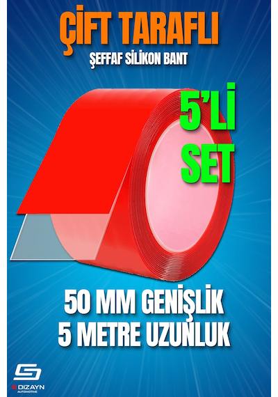 S-dizayn Çift Taraflı Bant 50mm X 5 Metre 5'li Paket Şeffaf Silikon Vhb Bant A+kalite 10 MM x 33 M