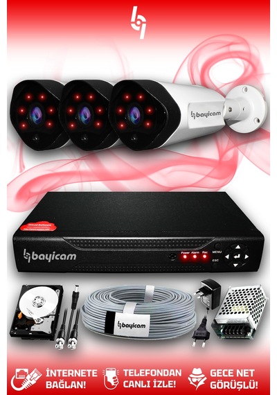 Bayicam 3 Kameralı Uzay 3 Dış Kamera Set 250 GB HDD Full HD Gece Görüşlü Güvenlik Kamerası Sistemi