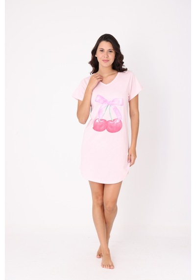 Yasar Underwear Kiraz Baskılı %100 Pamuk Gecelik Pembe Pembe