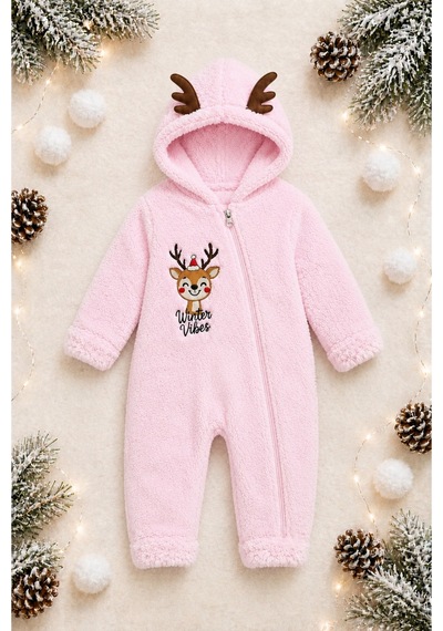 Tatlı Geyik Nakışlı Welsoft Peluş Kapüşonlu Fermuarlı Kışlık Unisex Bebek Tulumu 40212 Pembe