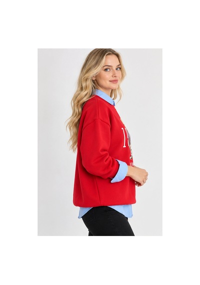 Mevese Kadın Beyaz Teddy Nakışlı Bisiklet Yaka Sweatshirt - Peluş Kabartma Nakış Detaylı Rahat Kesim Sweat- Kırmızı