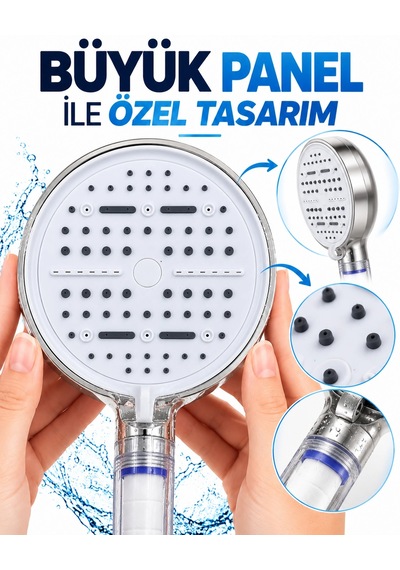 Modern Tasarımlı 6 Modlu Filtreli Duş Başlığı Büyük Panel Metalik Beyaz Duş Atı Çok Renkli