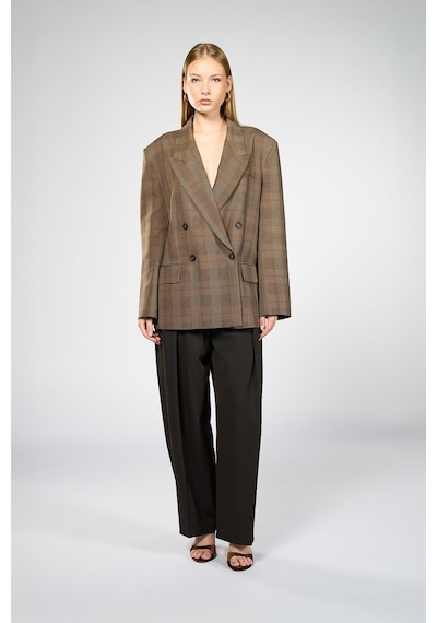 Kadın Kahverengi Ekoseli Oversize Blazer Kahverengi