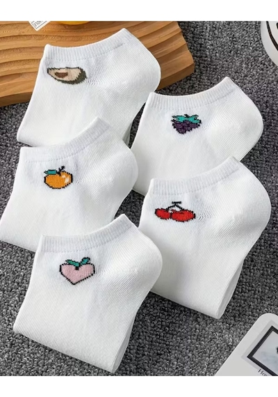 Hitit Socks Kadın 5 Çift Renkli Meyve Desenli Günlük Premium Kalite Bilek... Beyaz