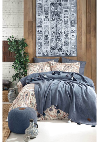 İYİ GECELER İSTANBUL Boho Chic Çift Kişilik Püsküllü Battaniyeli Nevresim Seti-Cobalt Mavi