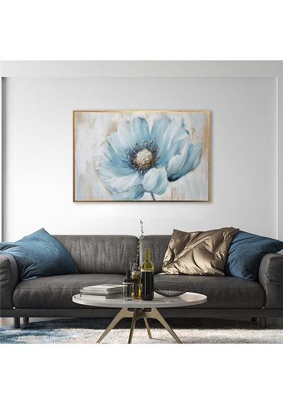 Yağlı Boya Dokulu Tablo Modern Mavi Çiçek Altın Çerçeveli U02025-178879