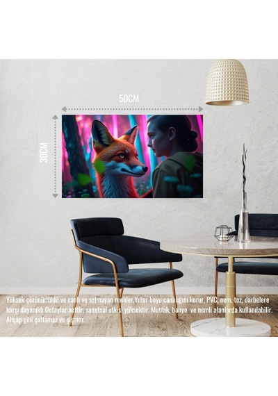 Tilki Neon Ormanda Bir İnsanla Etkileşim Mistik 03 Çerçevesiz 50x30 Cm Pvc Tablo