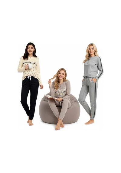 Bonbon Kadın Pamuklu 3 Adet 2'li Pijama Takımı Bb2219 Desenli