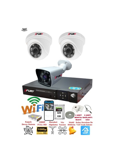 Fury 2 İç 1 Dış Kameralı 5mp Lens 2mp Görüntü Gece Görüşlü Full Hd Güvenlik Kamerası 14125525 320gb