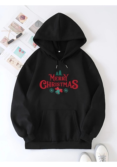 Primemagazam Yılbaşı Merry Christmas Baskılı Oversize Kapüşonlu Sweatshirt Hoodie - Siyah Çeşitli