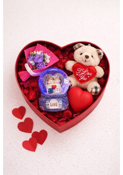 Sevgiliye Romantik Hediye Kutusu Işıklı Kalp Mor Kar Küresi Peluş Ayıcık Ve Gül Buketi Hediye Seti02 Çok Renkli