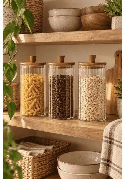 Atbyhome 3'lü Akasya Ahşap Kapaklı Çizgili Cam Kavanoz 1160 Ml - Vakumlu Erzak Ve Bakliyat Kabı Ahşap - Şeffaf