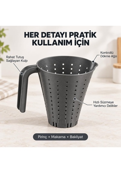 Kulplu Pirinç Ve Makarna Süzgeci, Pratik Sürahi Tipi Bakliyat Yıkama Süzme Kabı, 1 Adet