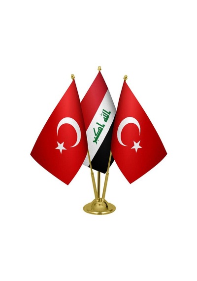 Masa Üstü Irak Bayrağı Türk Bayrağı Üçlü Pirinç Direk Masa Bayrak
