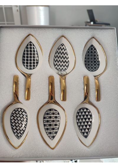 Dekoratif 6'lı Porselen Kahve Yanı Lokumluk Seti Gold Kenarlı Lokum Ve Çikolata Sunumluğu 19 X 8 Cm