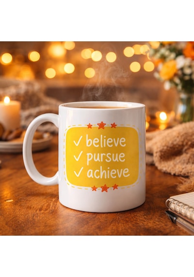 Northcity Believe Pursue Achieve Yazılı Porselen Kupa Model 124 Motive Edici Tasarım, İlham Veren Kahve & Çay Kupası, Özel Hediye Sarı