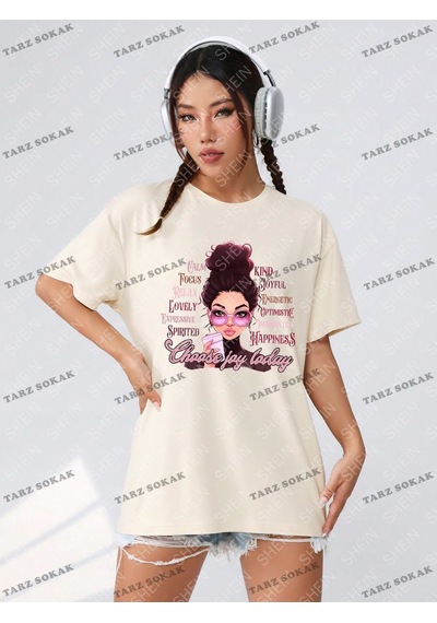 Flood Of Style Unisex Slogan Ve Portre Baskılı Düşük Omuzlu Tişört Kod-1382 Turuncu
