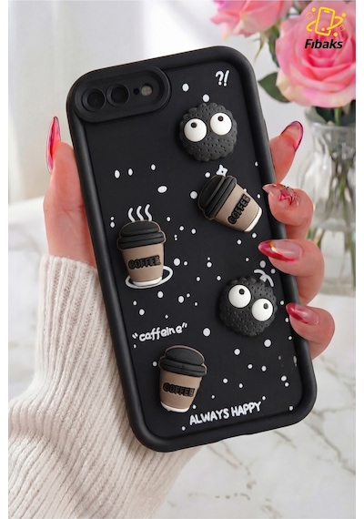 Fibaks iPhone 7 Plus/8 Plus Uyumlu Kılıf Tasarımlı Desenli Kamera Korumalı Coffee Kurabiye Siyah Yumuşak Silikon