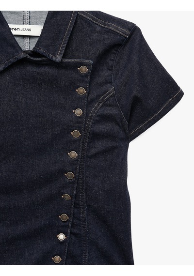 Koton Slim Fit Pamuklu Klasik Yaka Kısa Kollu Asimetrik Kesim Düğmeli Denim Bluz Koyu İndigo 7wal30005md Dark Indigo