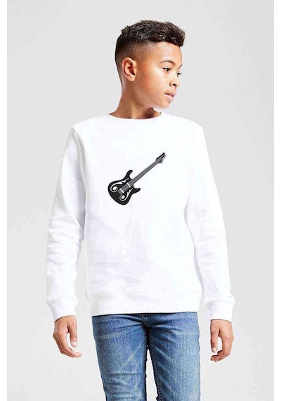 Tshirthane Bas Gitar Siyah Ve Beyaz Elektro Baskılı Unisex Çocuk Beyaz Swea Beyaz