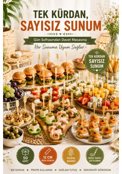 50 Li Dekoratif Golf Saplı Bambu Kürdan 12cm Kanepe Parti Davet Sunum Kokteyl Aperatif Kürdan Seti