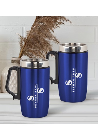 Bk Gift Kişiye Özel Deri Çantalı Mavi Seyahat Termosu Ve İkili Termos Mug Hediye Seti -6