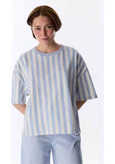 Penti Mavi Cozy Club Pamuklu Çizgili Tişört Pijama Üstü
