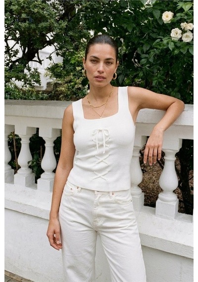 Onno Style Women Kolsuz Askılı Kare Yaka Bağcık Detaylı Triko Kadın Bluz Beyaz