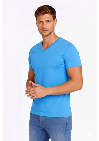 Novalisse Erkek Body T-shirt V Yaka Slim Fit Likralı Kısa Kol Tişört - Açık Mavi Çoklu Renk