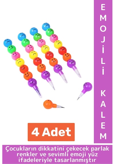 Eğlenceli Çocuk İlgi Çekici Okul Değiştirilebilir Uçlu Sevimli Emojili Yumurtlayan Kalem 4 Adet Çok Renkli