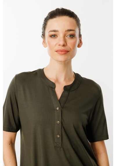 Desen Triko Kadın Yakası Düğmeli Penye T-shirt 25764 Haki Haki