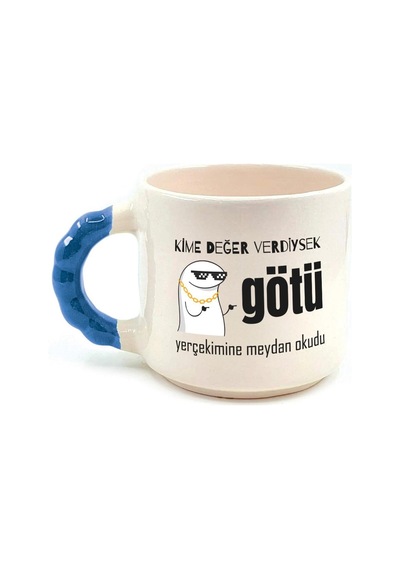 Kime Değer Verdiysek Götü Yerçekimine Meydan Okudu Baskılı Mavi Kulplu Boncuk Kupa