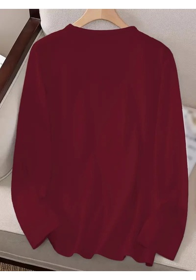 Nnstartshopping Kadın Uzun Kollu Bisiklet Yaka Desenli Viskon Bluz Bordo
