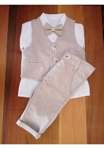 Concept Kids Papyonlu Yelekli Bej 4'lü Klasik Erkek Bebek Takım Özel Gün Kıyafeti Düğün Bebek Hediyesi